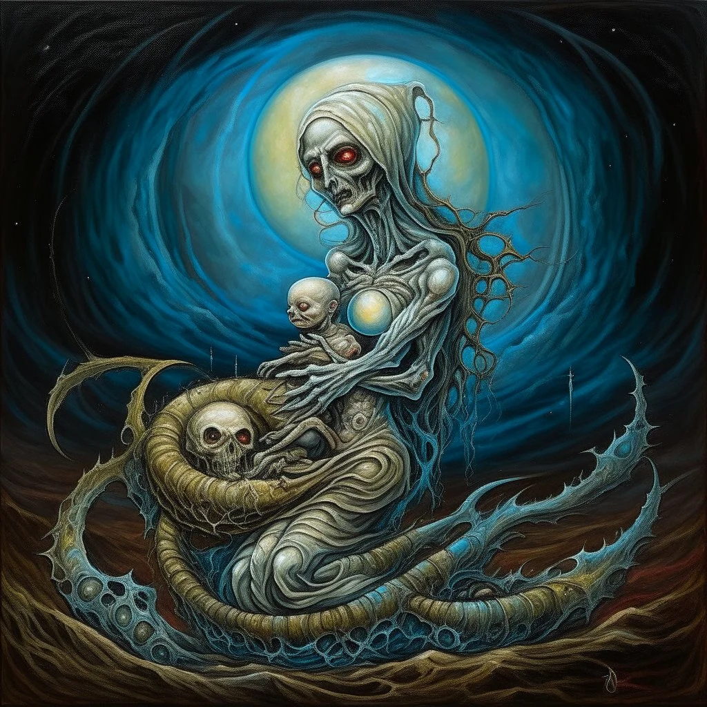 Visual Necromancy, zombie Madonna cradling an anthropomorphic worm on the moon, surrealist oil painting, by Rafael Oblinski, putrescence essence, abstract