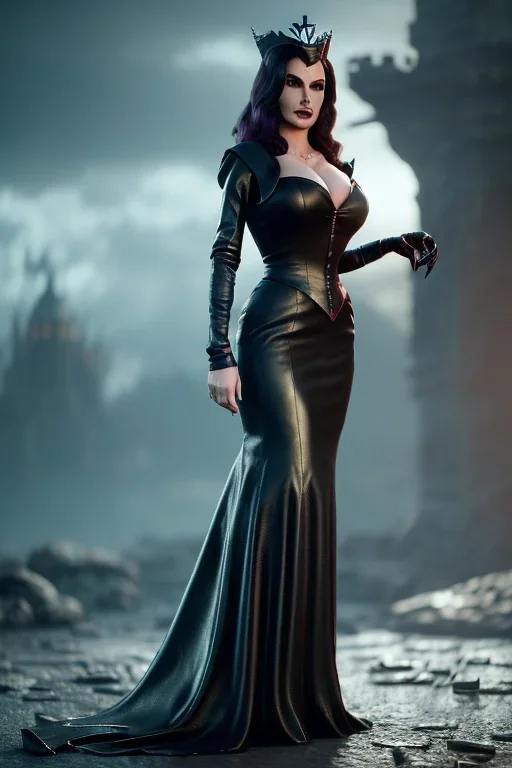 Lisa Ann as evil queen in black leather gown, cleavage, angry, stern look, unreal 5, octane render,cinema4d, dynamic lighting, dramatic lighting, 4k, redshift render, highly detailed, hyper realistic