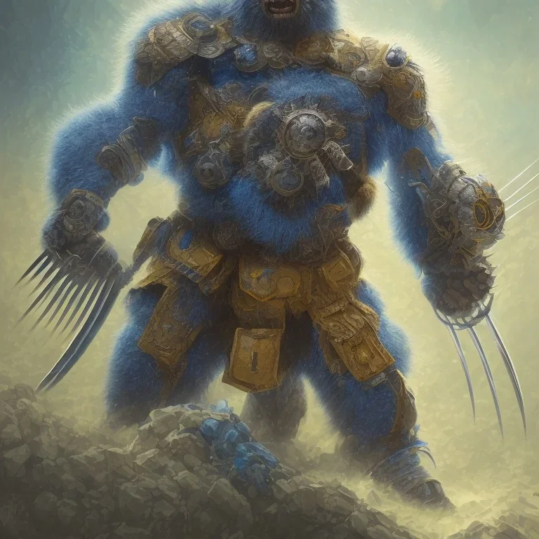 angry Wolverine warrior in Blue and yellow battle armor, a highly detailed illustration, background of Inka jungle, realistic render, 8 k, micro detail, intricate, elegant, centered, digital painting, Artstation, smooth, sharp focus, illustration, artgerm, tomasz alen kopera, peter mohrbacher, donato giancola, joseph christian leyendecker, wlop, boris vallejo