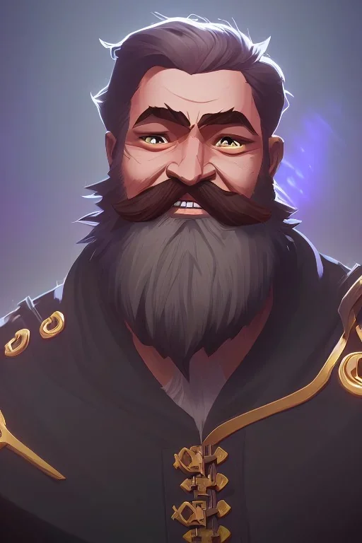 Medieval Fantasy Bearded strong man wearing a thick fur-lined merchant's coat, wearing gold rings, divine, halo, happy smiling, portrait, high definition, realistic, long hair, dynamic lighting, volumetric lighting, mustache, blond