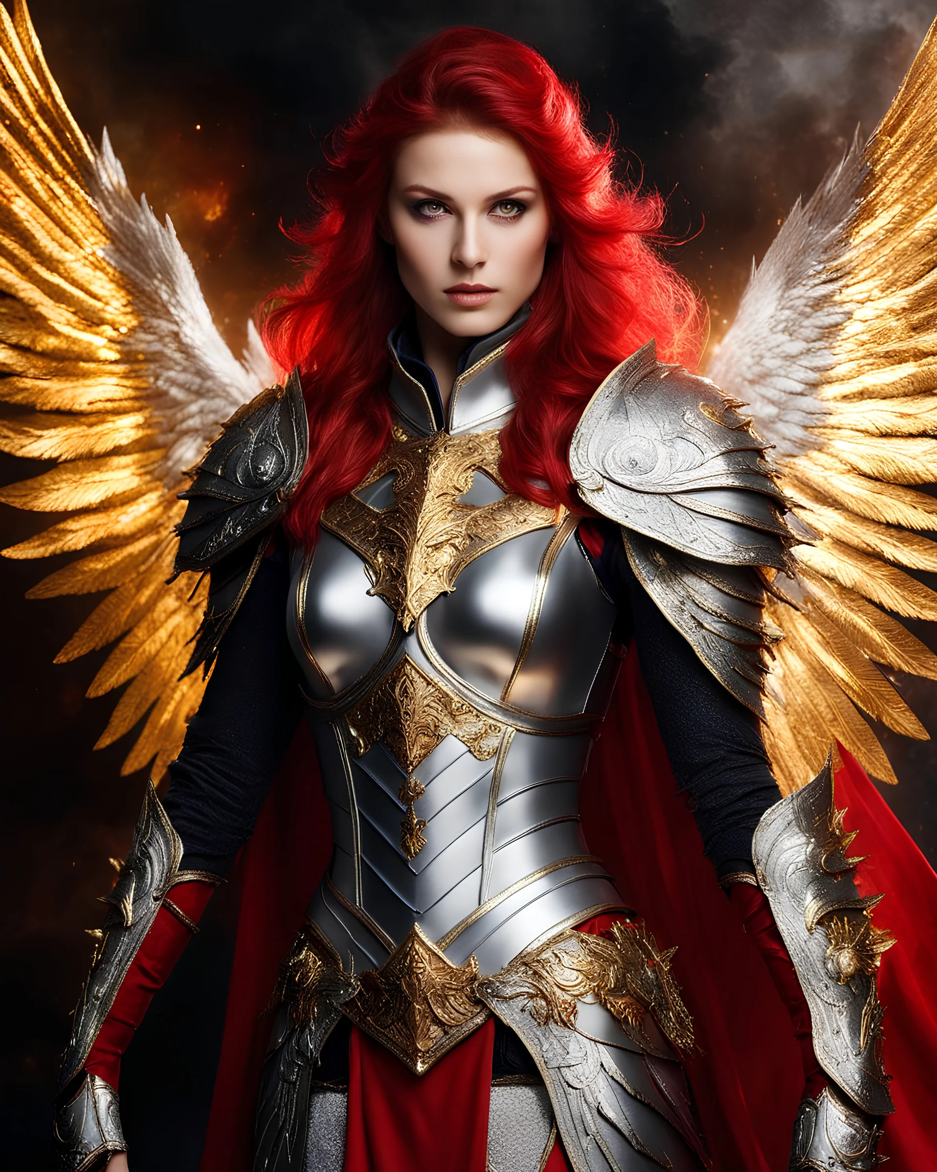 Gorgeous Photography Beautiful Woman dressing silver and golden knight armor with glowing red eyes, and a ghostly red flowing cape, crimson trim flows throughout the armor, golden and silver spikes erupt from the shoulder pads, silver and gold angel wings, crimson hair, spikes erupting from the shoulder pads and gauntlets sin hellfire background
