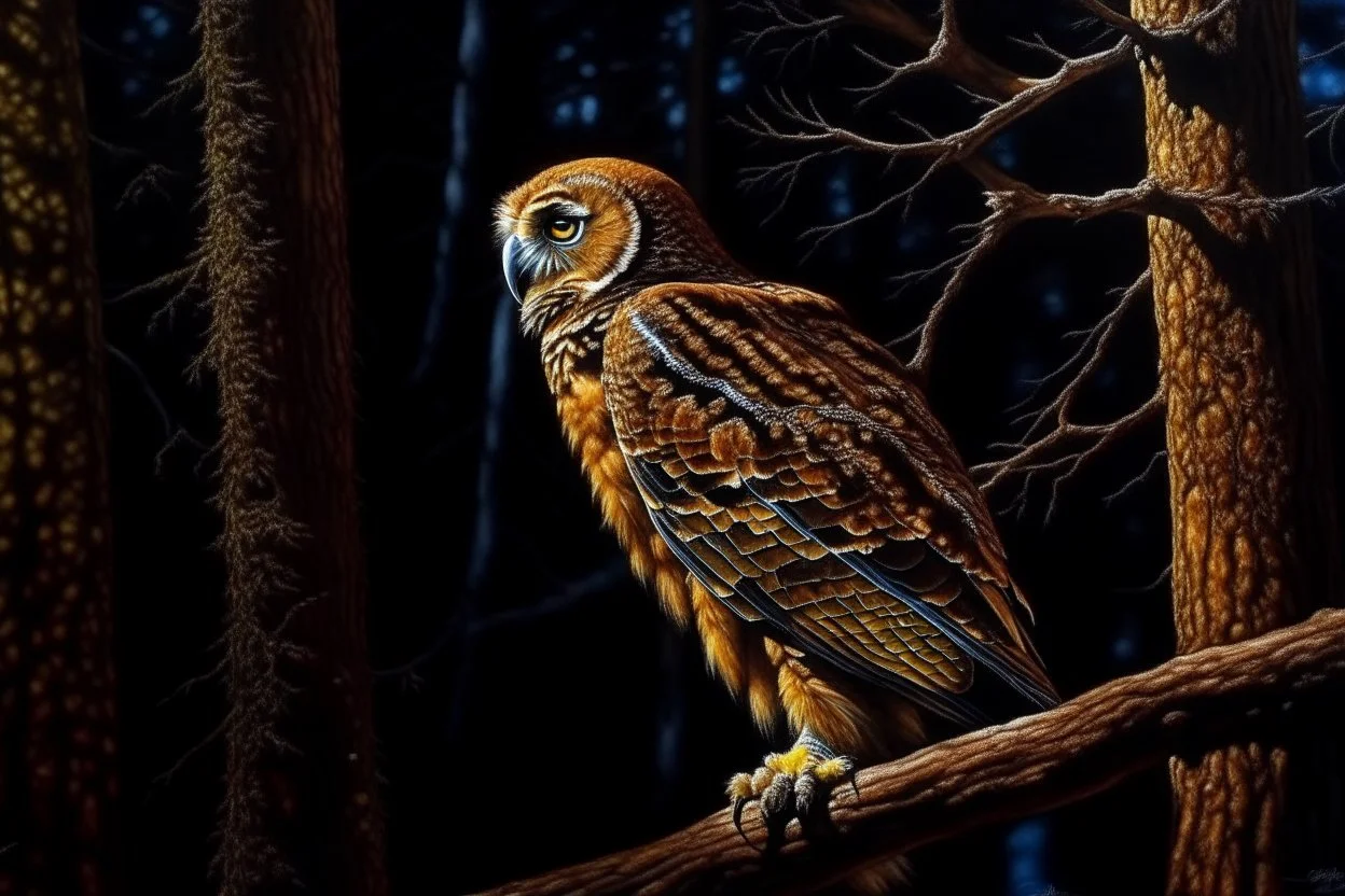 Brown Tawny Owl, pine tree, forest, autumn, dark night highly detailed intricate intricate details high definition crisp quality beautiful lighting pencil sketch watercolor dramatic lighting Deep shadows Warm colors warm light