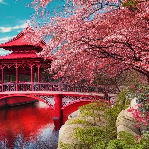 large glass globe filled with cherry blossoms and red bridge, beautiful, peaceful, gorgeous,, ornate, 8k, high-quality, fine-detail, intricate, digital art, brian froud, howard lyon, selina french, anna dittmann, annie stokes, Greg Rutowski