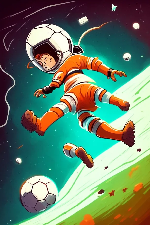 A person playing soccer in space scores a goal on Jupiter cartoon 2d