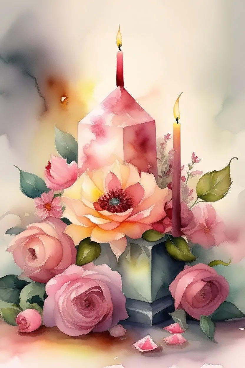 MAGIC A PYRAMID CANDLE IS BURNING AROUND WONDERFUL FLOWERS English watercolor, Smoky cream, pale gray, pale pink, pink background. bright light, a bouquet of roses on the table are pale pink, pale bordeaux, white, ochre. green stems, the light is translucent. Watercolor, fine ink drawing,