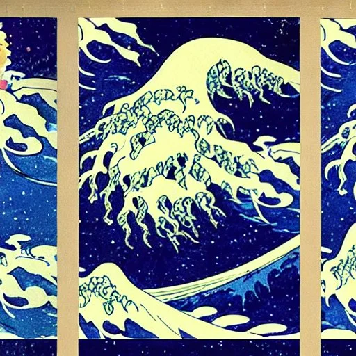 An astronaut floating in space surrounded by a halo of glowing jellyfish, done in the style of Hokusai's The Great Wave off Kanagawa