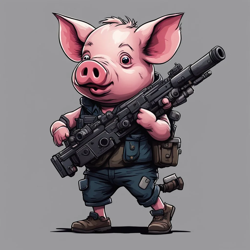 Little pig armed with a machine gun, cartoon style, walking dead style, vivid and dark colors, transparent background, 32k UHD,