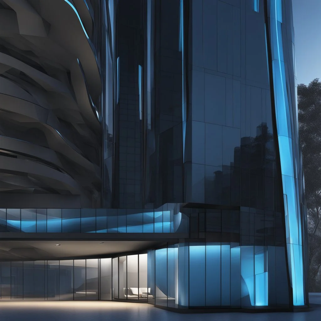 Edificio, estilo Zaha Hadid, ventanas de vidrio azul, Arte digital, calidad ultra, 8k, 3D