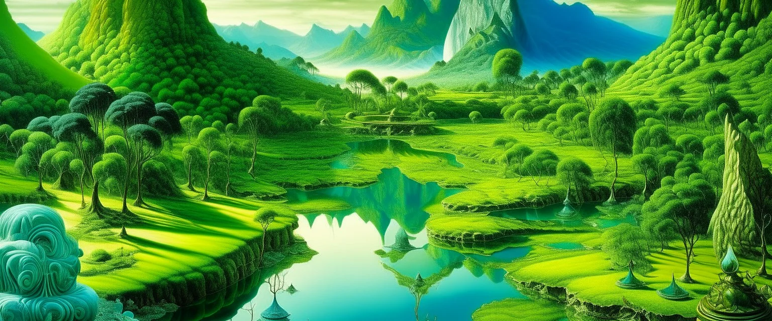 A lime green valley with a shimmering pond designed in African masks painted by Salvador Dali