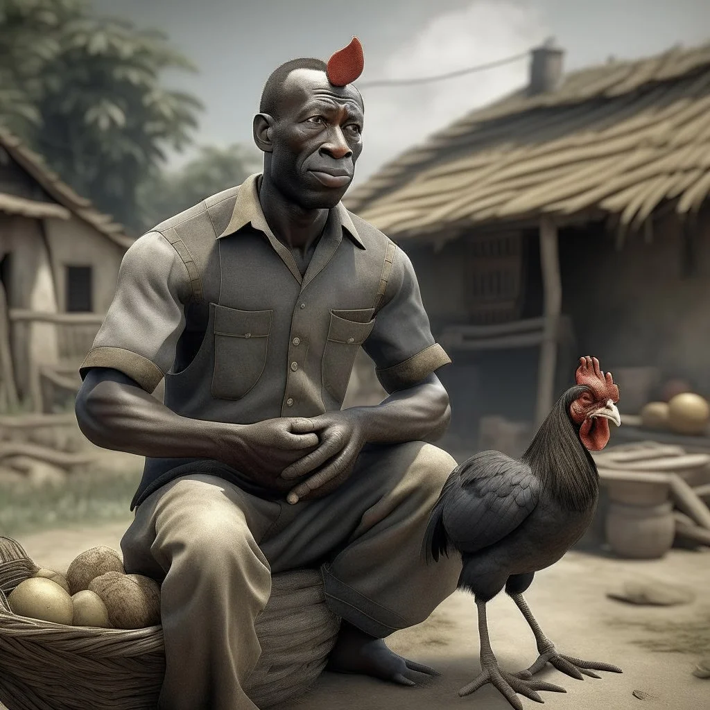 a black man holding a chicken in a village setup 3D real image