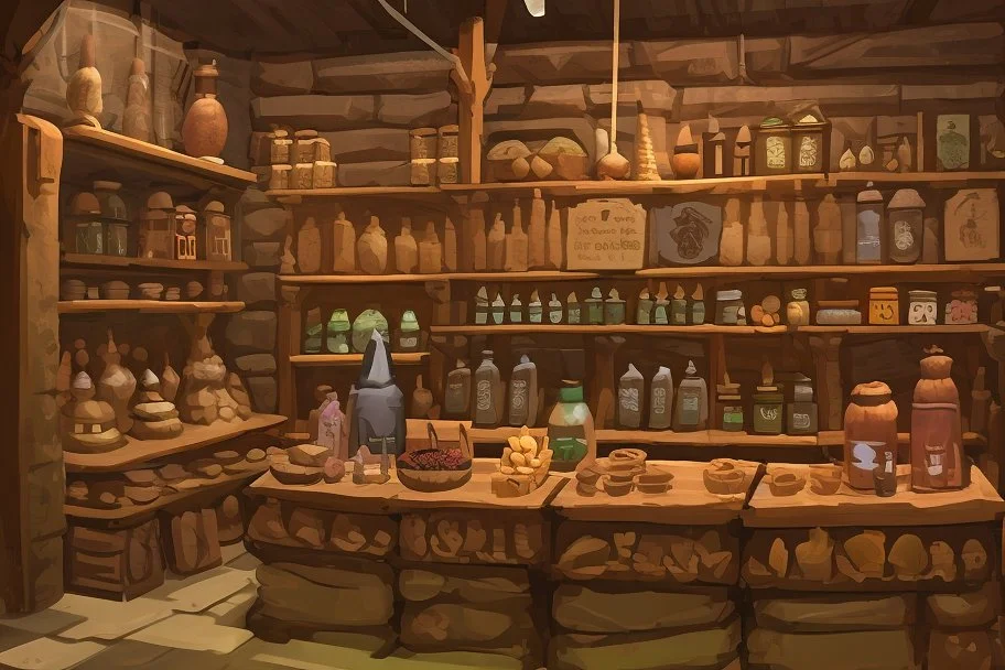 inside of a medieval shop, wooden walls, log pillars, stone bar with shop keeper behind it, magical ingredients on display and weapons on display. people, elves, goblins, orcs, dwarves and lizard folk in room. low lighting and creatures in containers. shelves half empty