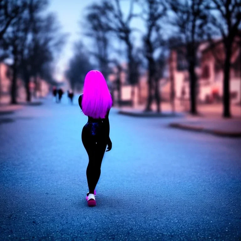 Beautiful lonely girl who walks along a street without people at dawn. You see her from behind. She is very short blue dressed. She has pink hair with glowing crystals. Full body, 8k resolution concept art. Professional Photo HD. Stylish. Warm vivid colors. Panoramic