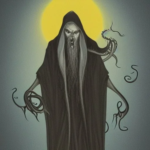 Cthulhu with white skin and a beard made of fleshy tentacles as a Russian Orthodox nosferatu vampire with yellow eyes