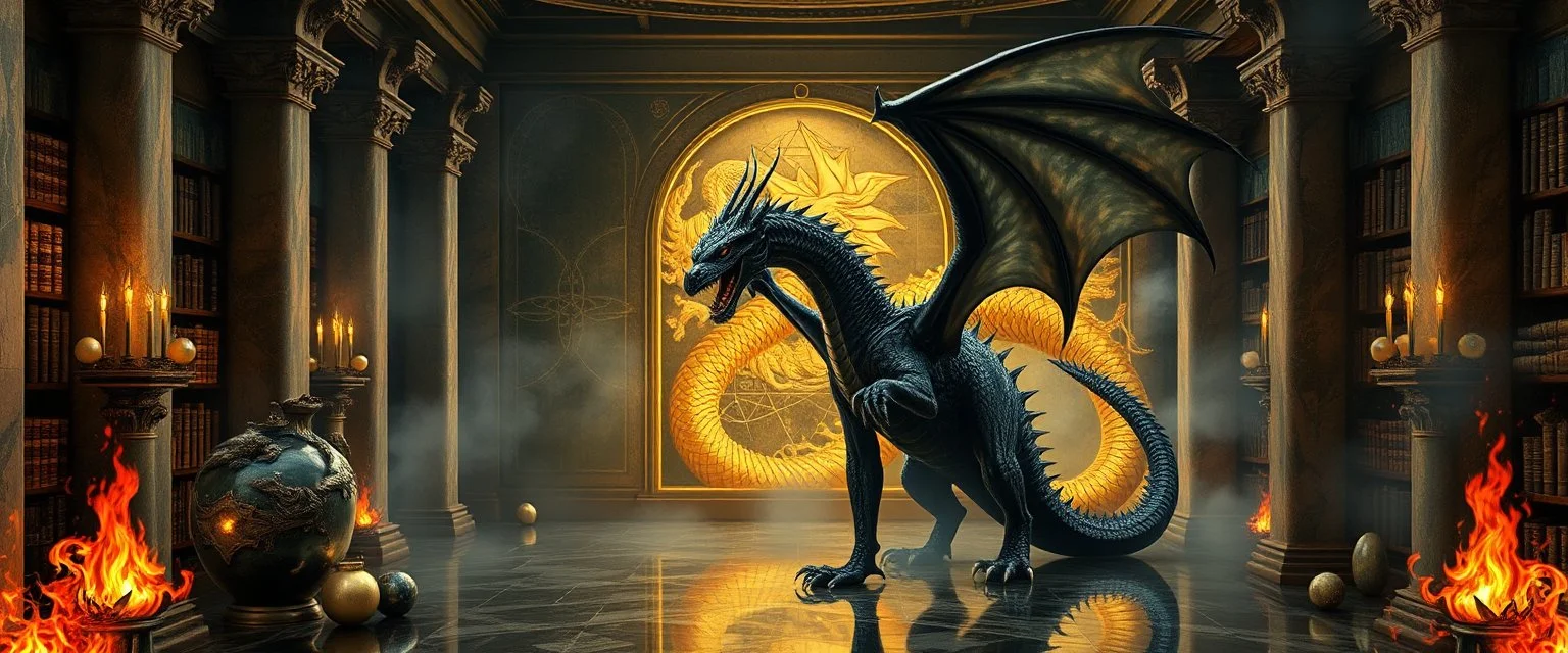 master oil painting by Escher and Giger, glaring vases and black humanoid reflective female dragon and hidden golden dragon inside marble hall library, cryptic eggs, sacred geometry, fire fog and steam border, fire elemental