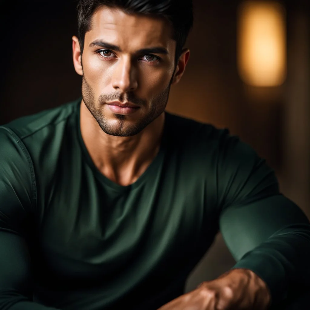 Portrait of an Olive skinned muscular very handsome male with short dark hair and a neatly trimmed beard