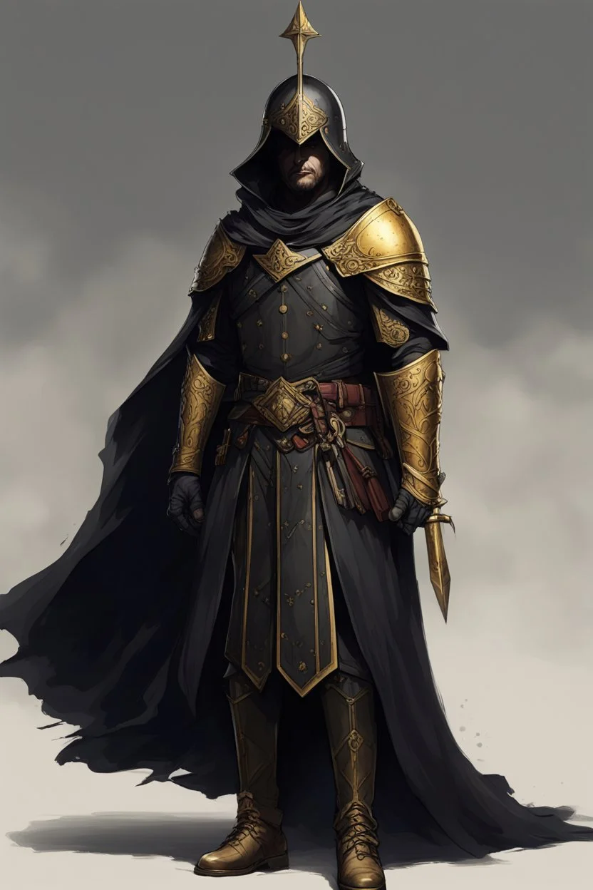 A commander with a black cloak and a long coat with long combat boots and a long spear with his Helmet is golden under his cloak