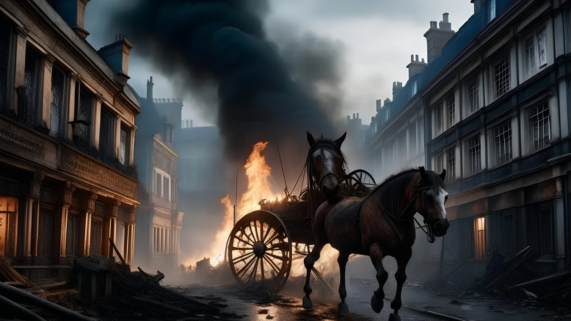 Winter, frosty, Victorian London Street in ruins, flames and smoke billows from smashed windows, a horse is dead partially skeleton, Apocalyptic, epic, photo-realistic, widescreen, cinematic,