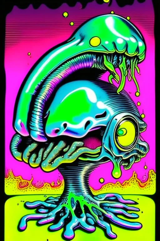 Vintage illustration of a slimey silver chrome brain melting, mercury liquid dripping, metal chrome colors, cartoonist animation style, hand drawn, neon lighting, gross art, pop punk, 90s anime inspired, airbrushing, post modern, horror cut, gradient chrome abberations, retro weird drawings, alien brain matter, blood spatter , scifi punk