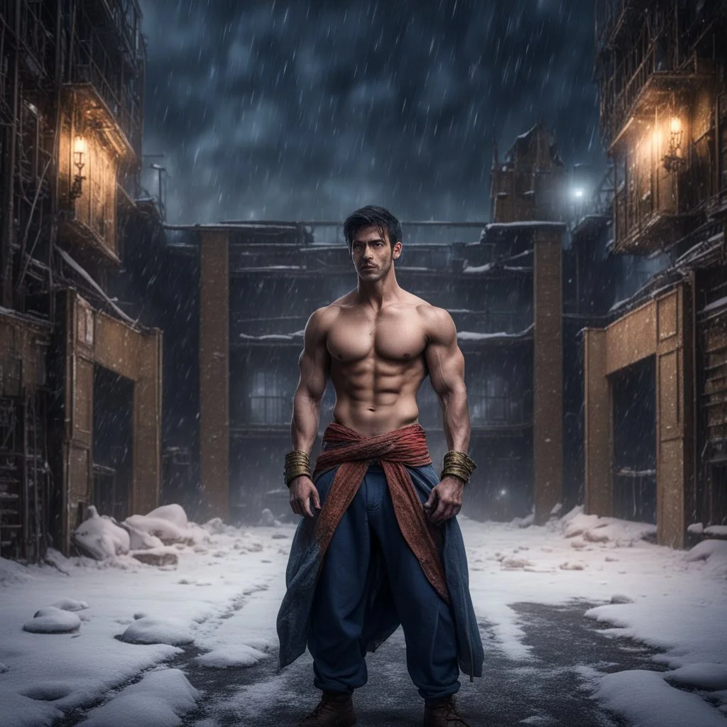 Hyper Realistic handsome muscular Aladdin standing bravely outside massive-dark-abandoned-factory-with-broken-windows-&-fancy-main-gate at dark snowfall night with dramatic & cinematic ambiance