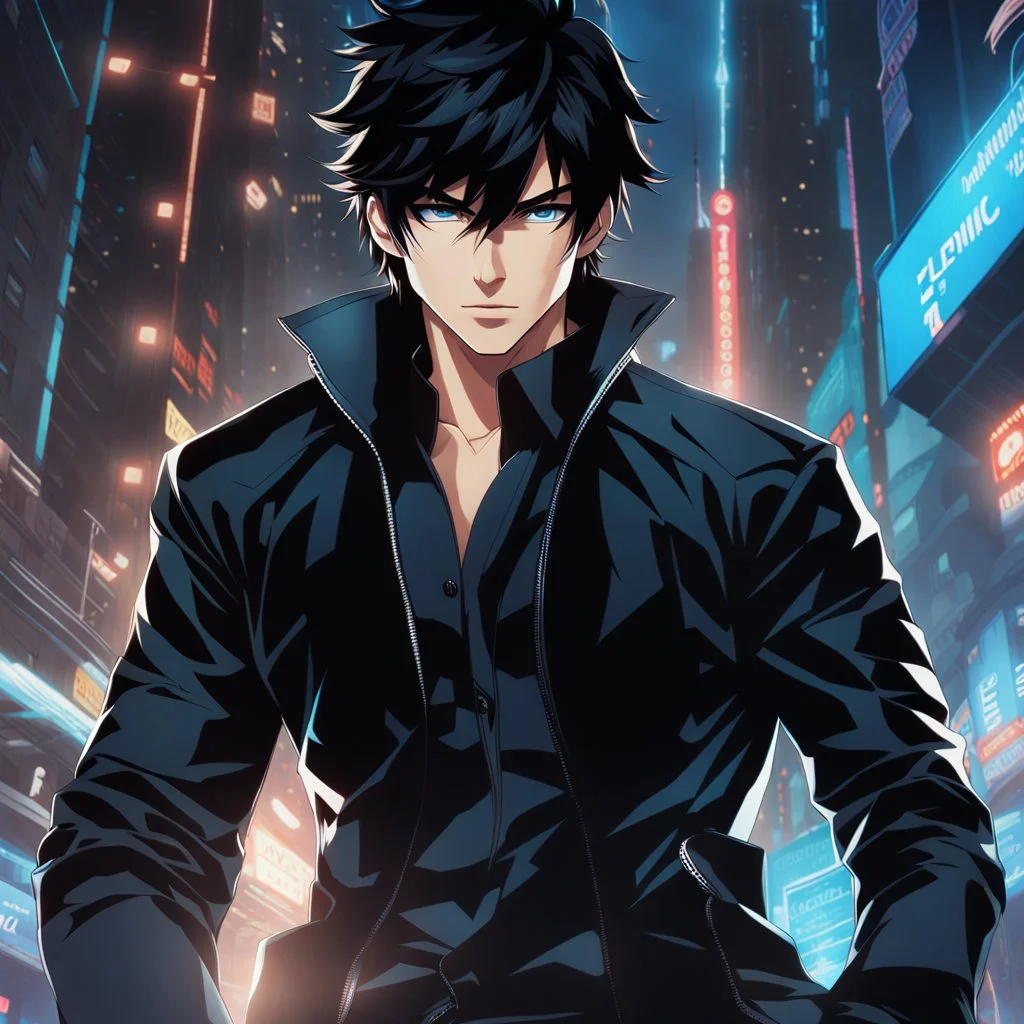 (masterpiece), (anime style), award-winning, close-up, centered, Instagram-friendly, looking towards camera, dynamic pose, messy black hair, catman, blue eyes, intricate modern background, dynamic lighting, depth of field, ultra detailed, (epic composition, epic proportion), 2D illustration, professional work, black clothing