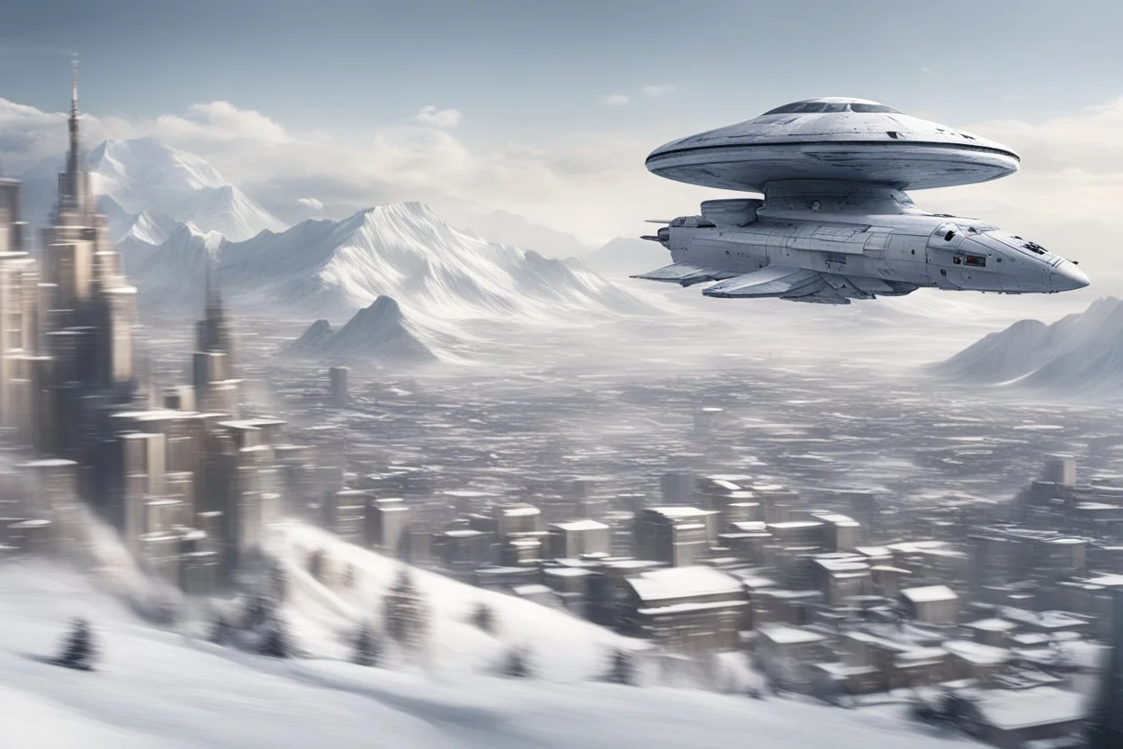 spaceship flying low over a snow-covered city