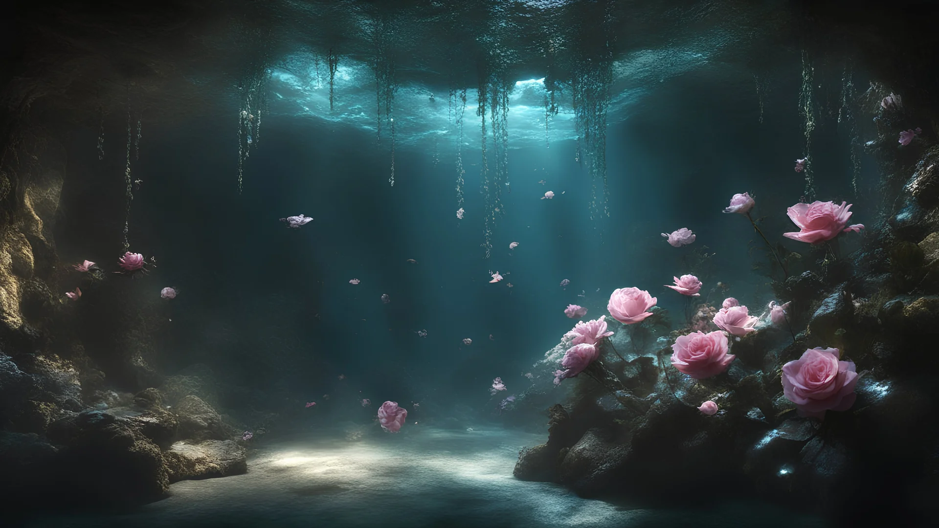 Photoreal magnificent magical view of a deep dark underwater cavern, dimly lit by glass fluorescent glass ceiling magic glass roses on the ceiling, magical hangs in the air by lee jeffries, otherworldly creature, in the style of fantasy movies, photorealistic, bokeh masterpiece smooth shading, ultra detailed, high resolution, cinematic, unreal 6, subtle shadows, octane render, 8k, cinema 4d, HDR, dust effect, vivid colors