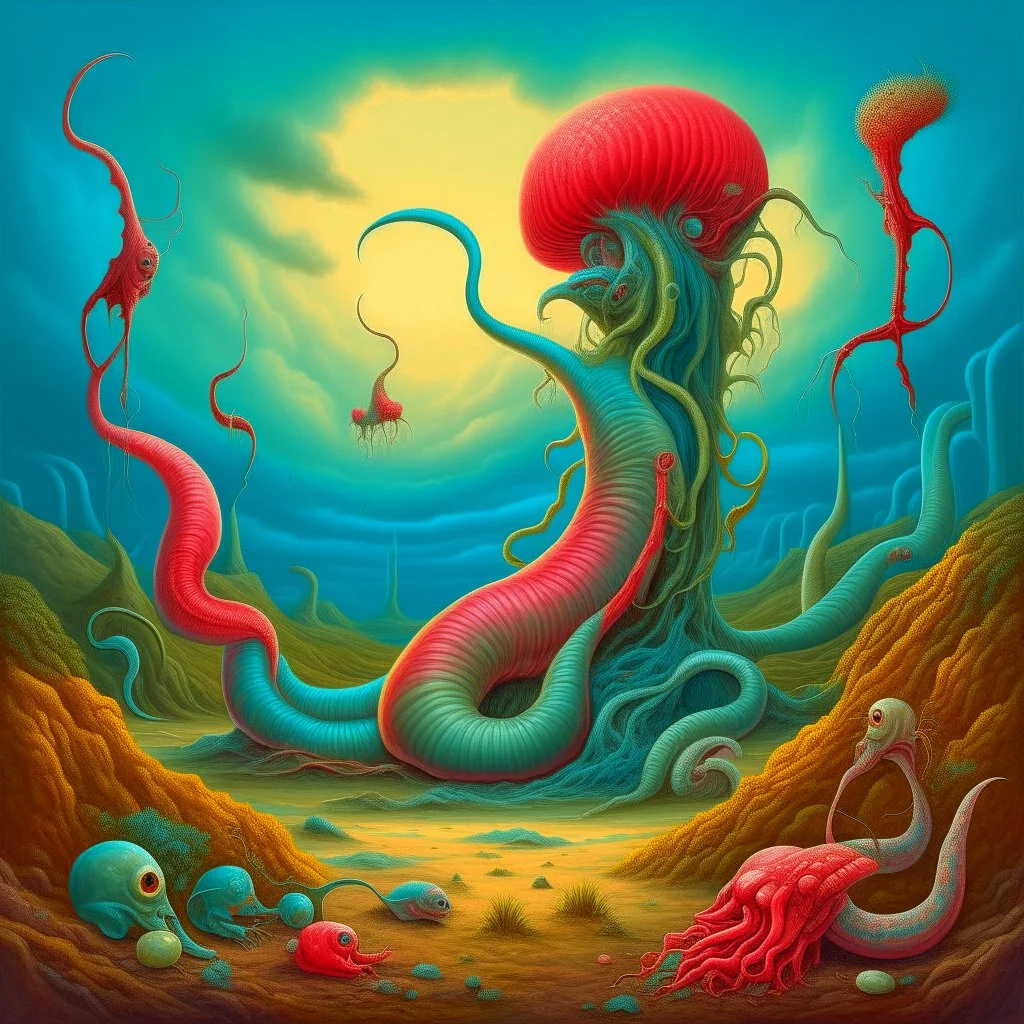 in style of Daniel Merriam, mongolian death worms, writhing, sinister, mortal pangs of scenic solitude, dreamscape, surreal