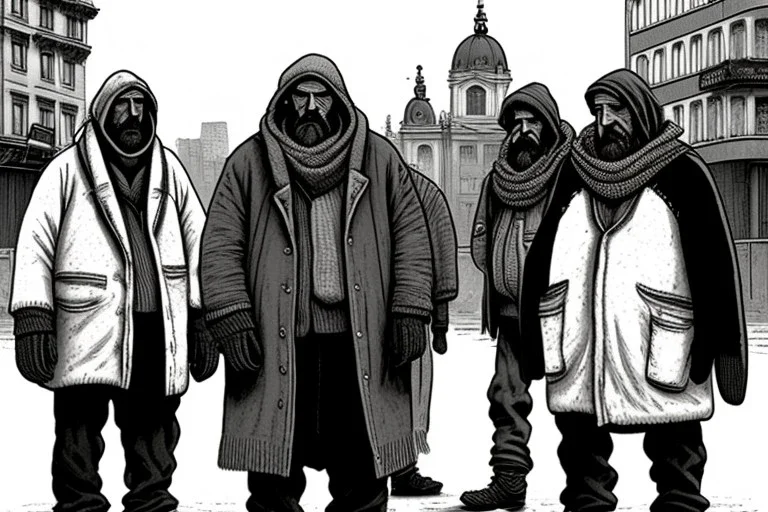 A group mature homeless huge penguins with worn out clothes, standing in a corner on the street, holding wine bottles in their wings , Vienna, mourning, model style, hyper realistic, extremely accurate, delicate, extremely detailed, Graphic novel style, wide-angle, open aperture, superfine pencil