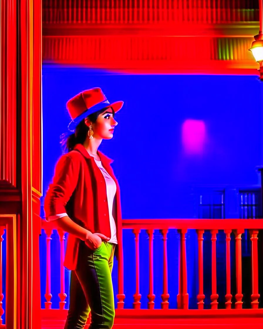 woman with a red baseball hat. leaning on a wooden balcony. night time. anime. studio lightining.