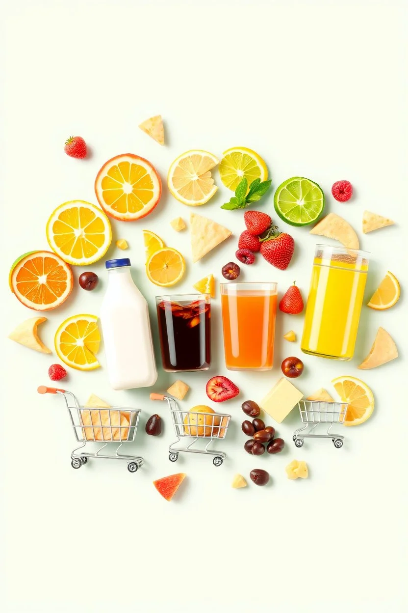 A design filled with various fruit juices, tropical fruit slices, chips, soda, various chocolates, shopping carts, cheese, butter, pasteurized milk, and dairy products in bright, cheerful, and eye-catching colors.