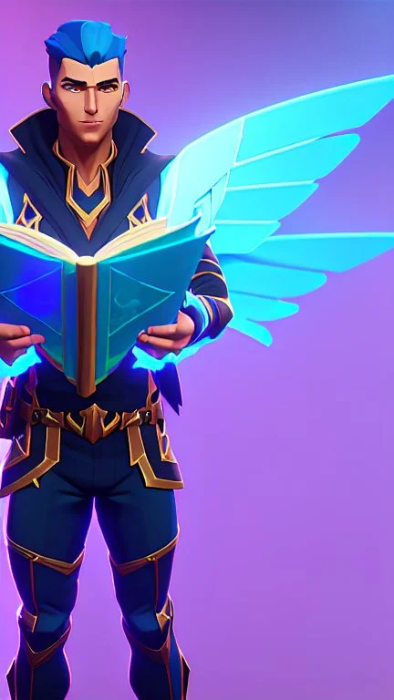 a human male with blue short hair and blue wings in assymetrical armor with geometric patterns and a book in hand