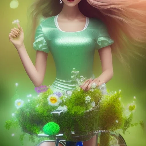 riding a bike, fairy, green, beautiful, hyperrealism, masterpiece, expert, cinematic lighting, sharp focus, 8K, pastel, macro lens, woman, detailed, flower, legs, symmetric face, blonde