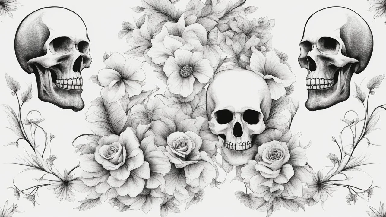 tracery of flowers and skulls, black and white, Maximum minimalism