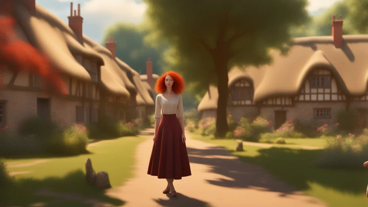 A photorealistic image of a red-haired, slender woman standing in a village green, surrounded by many thatched cottages, next to a large tree. Sunny day.