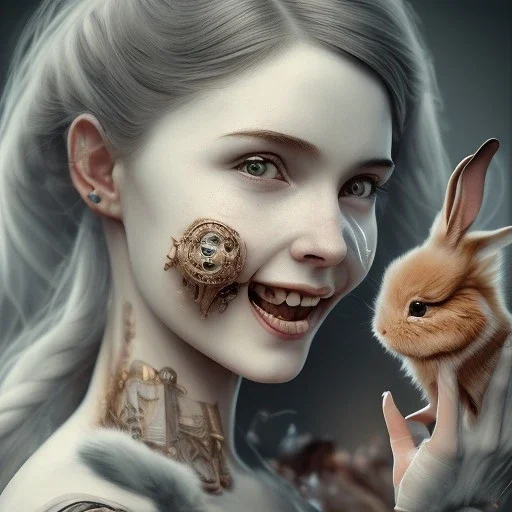 a cute smiling girl holding her toy bunny, tattoo in her face, michelangelo oil painting, steam punk, scary, horror, realistic, made in octane, cinematic, ultra-realistic, extremely detailed octane rendering, 8K, VRAY Super Real ar 2:3, dof photorealistic futuristic 50mm lens hard lighting dark gray tintype photograph, realistic lighting, sephia colors