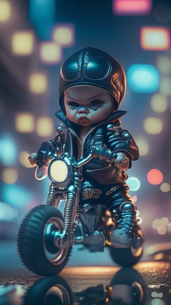 A Sharp Kawaii tiny hyper realistic humanoid baby peakyblinder riding mini harley davidson, wearing bikers clothes with freestyle action, night of cyberpunk city background. wide angle full body, 8k, Cinematography, photorealistic,epic composition Unreal Engine,Cinematic, Color Grading, Portrait Photography,Ultra-Wide Angle, Depth of Field, hyper detailed