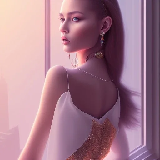 beautiful girl with very nice fashion clothing ,pretty high heels,standing next to window in a luxury room in a modern city posing to camera,full body show, 8k resolution concept art portrait hyperdetailed intricately detailed Splash art trending on Artstation triadic fullbody portrait paint,