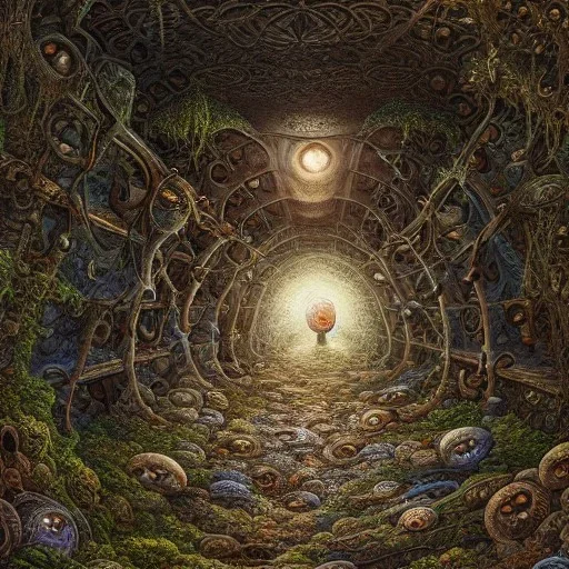 multiple human eyes all over abandoned tunnel, filling tunnel, hundreds of eyes, intricate, gregory grie, naoto hattori, mihai criste, sara arasteh, 8k resolution, high-quality, fine-detail, intricate, digital art, detailed matte, volumetric lighting, dynamic lighting, photorealistic