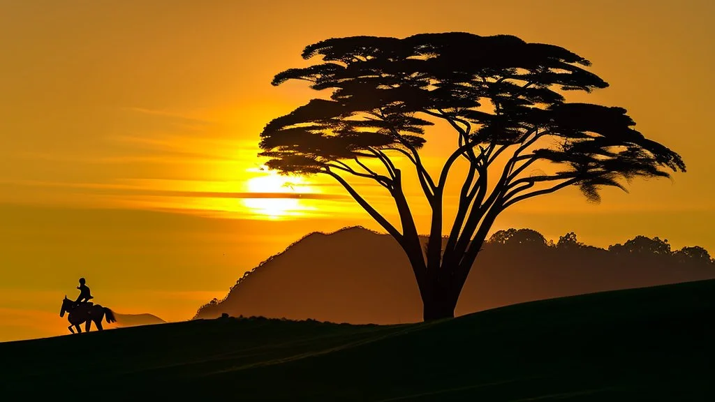 Silhouette of a lone rider on the green hill at sunrise