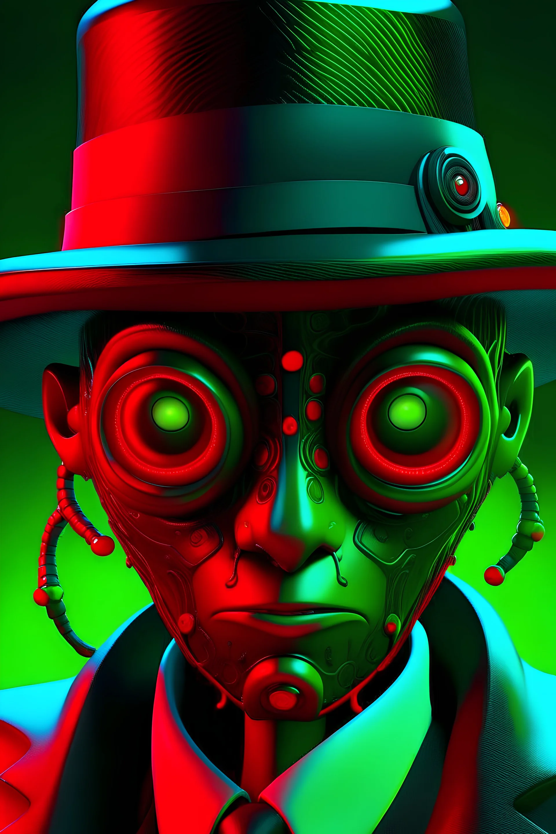 black cyborg with fluorescent green tentacles, fluracent blue eyes with a staring look, wearing a red fedora hat