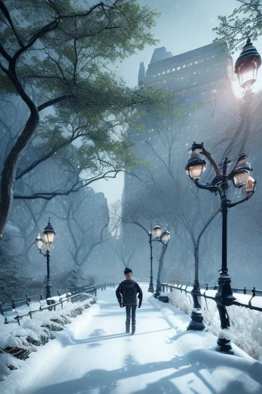 The boy abandones, tired, Central park, Realistic night christmas, snow, 4k, big tree christimas, intricate, bump