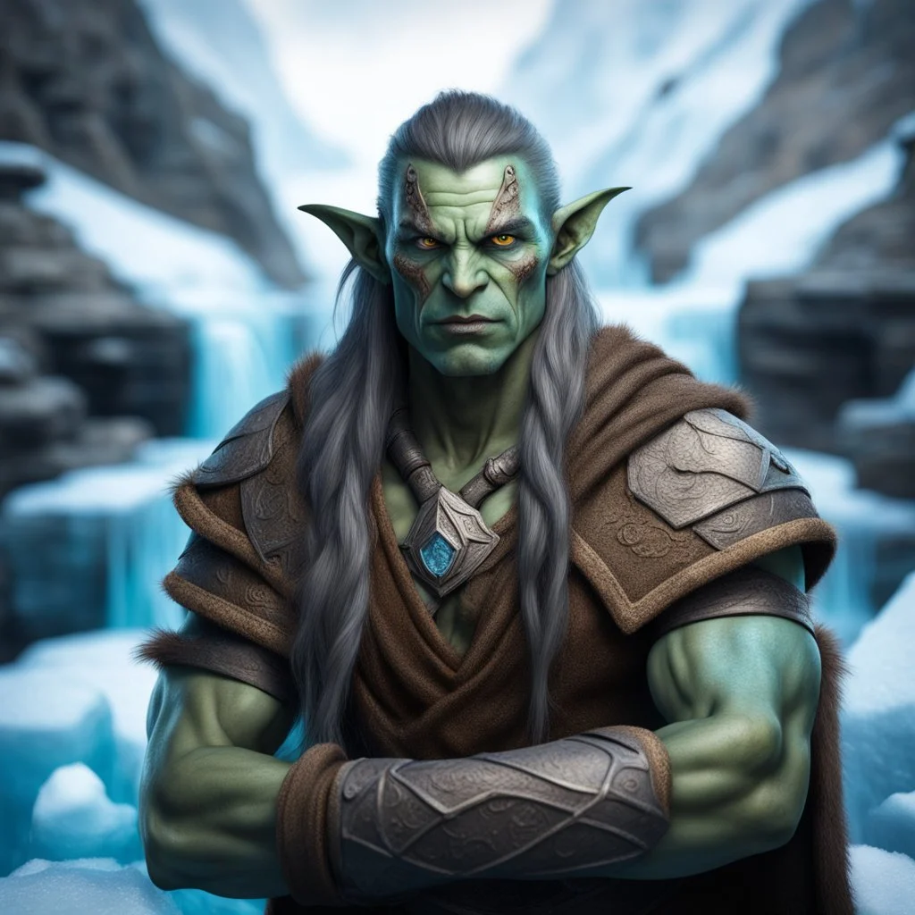 close up portrait of psionic ancient half elf half orc shaman thief in inviting pose on ice stone bridge, book cover