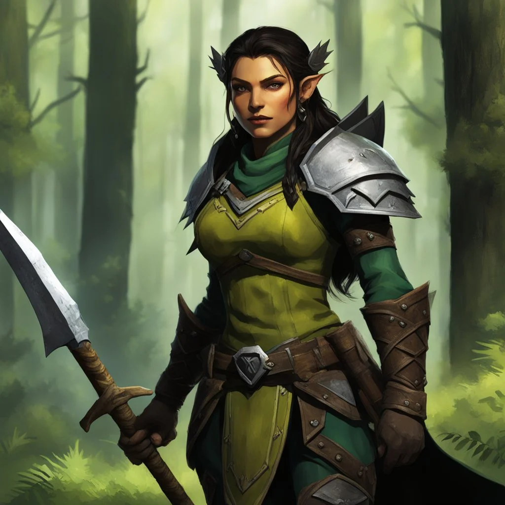 (in the forest) Vex'na is about six feet tall, with shoulders broad enough to suggest she could wield that axe with ease. Her teeth are yellow, her skin bears the mottled green-brown pattern typical of her heritage, but the way she carries herself marks her as someone who has survived to more dangers than most half-orcs manage at ther age in this unforgiving world. There are scars across her arms and neck, white against the darker skin, each one telling a story of battles survived. Her eyes, whe