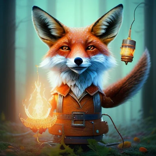 upper body of cute tall fox wizard with big eyes holding lit bomb fuse , wood and rope bridge in magical forest, spray painting, autumn foliage frame, fantasy art , sun, movie poster, Realistic photography, incredibly detailed, ultra high resolution, 8k, complex 3d render, cinema 4d, color corrected