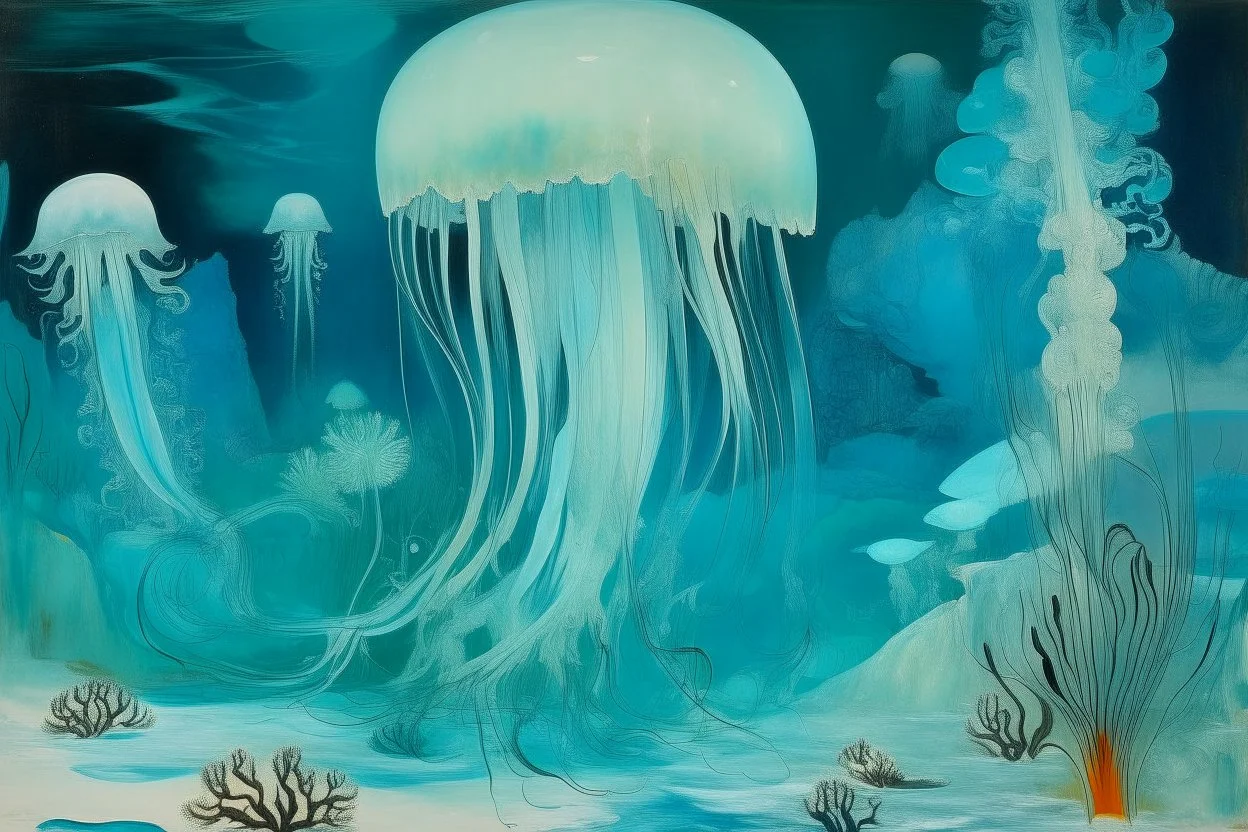 A cyan reef with icy jellyfish painted by Lyonel Charles Feininger