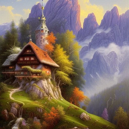 Bavarian Alps" Artist: Heinrich Bürkel Style: Romantic Realism Color Palette: Soft hues of blue and purple for the distant mountains, lush greens for the rolling hills, and warm tones of gold and orange for the sunlight filtering through the clouds, capturing the majestic beauty of the Bavarian Alps. Prompt: "Embark on a visual journey through the breathtaking splendor of the Bavarian Alps with Heinrich Bürkel's 'Bavarian Alps.' As a master of Romantic Realism, Bürkel transports viewers to a rea