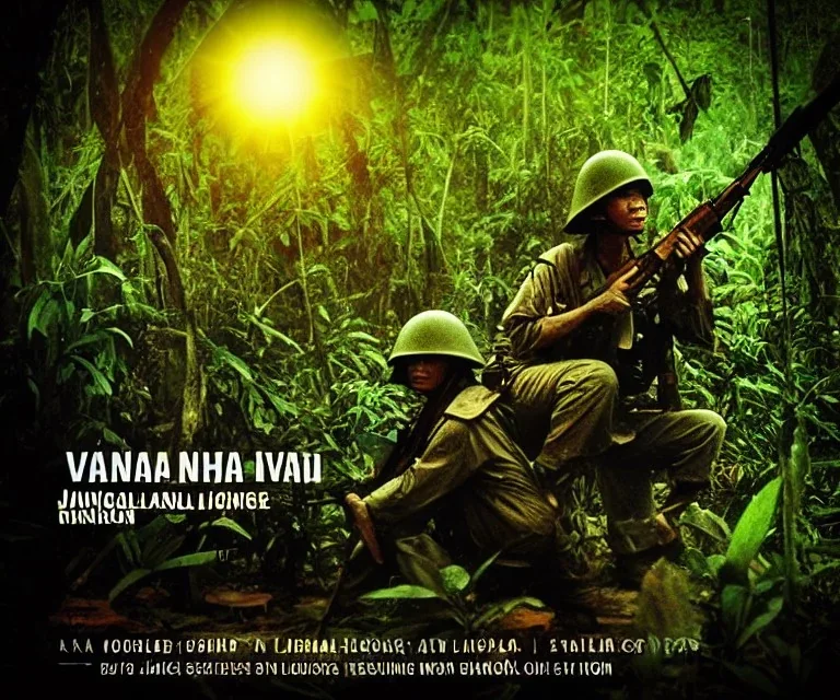 vietnam war. jungle. cd cover. bokeh. lens flare. warm lights. high detailed