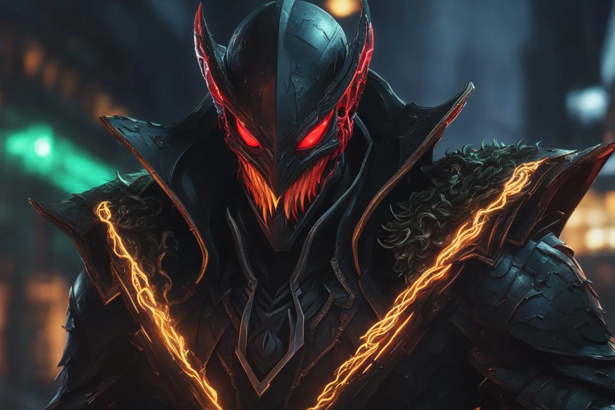 Pyke venom in 8k solo leveling shadow artstyle, pirate them, mask, close picture, rain, neon lights, intricate details, highly detailed, high details, detailed portrait, masterpiece,ultra detailed, ultra quality