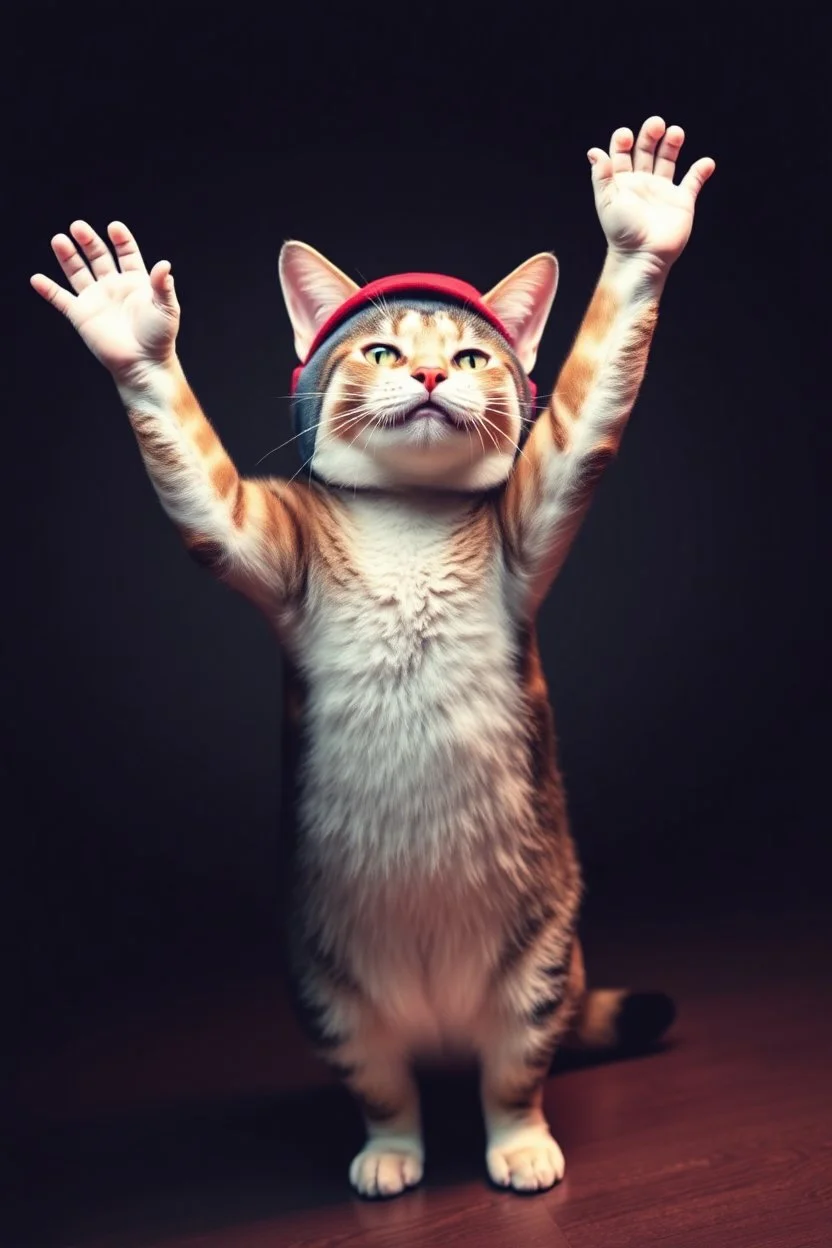 cat with shark mask hat solana hands in the air dancin japanese style in the style of warhol