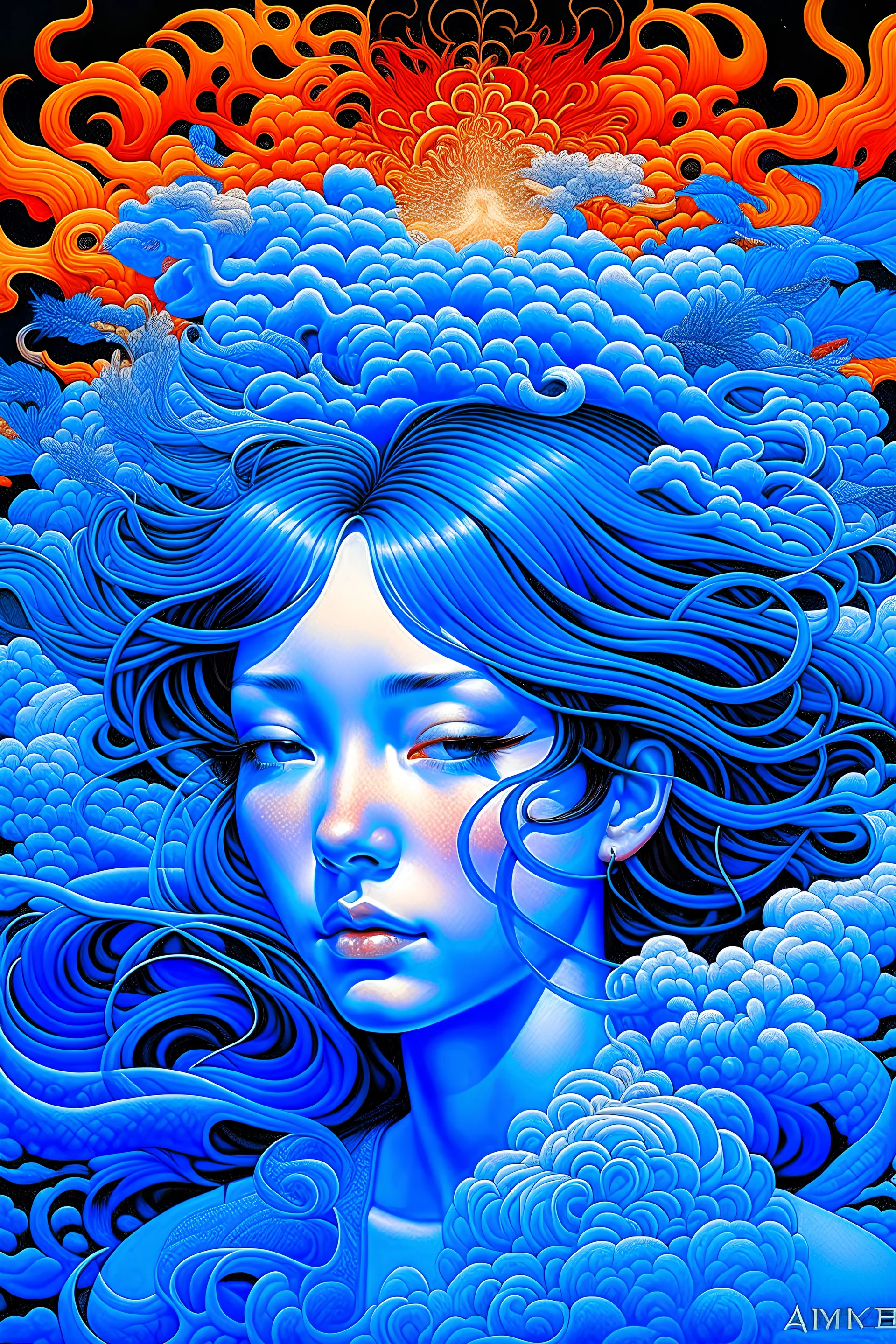 Ukiyo-e Style James Jean, Cicely Mary Barker, Anime Mysterious Strange Fantastic Surreal Sci-Fi Fantasy Mask of Flesh and Flesh, All Things, Rubbing Feathers, He Who Bears the Name of Human, Carve Twin Lotuses on the Wall of Blue Fire, of the Great Fire Waiting for the abyss in the distant sky, detailed, high resolution definition quality masterpiece